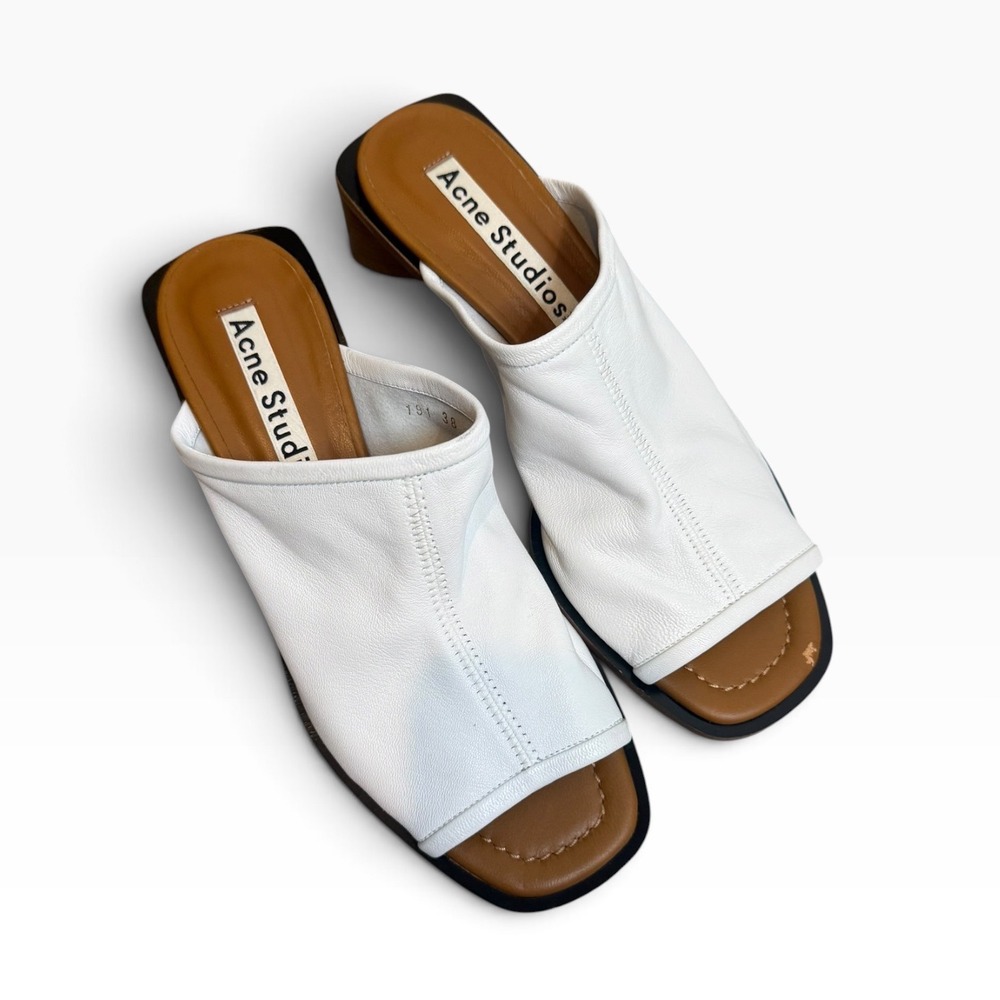 Acne Studios White Leather Block Heel Mules Square Toe Sandals Made in Italy 38